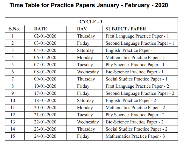 SSC Practice Papers Time Table jan - feb 2020