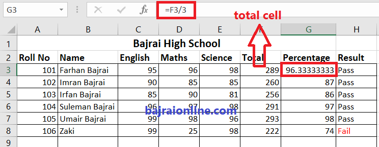 student percentage in excel sheet