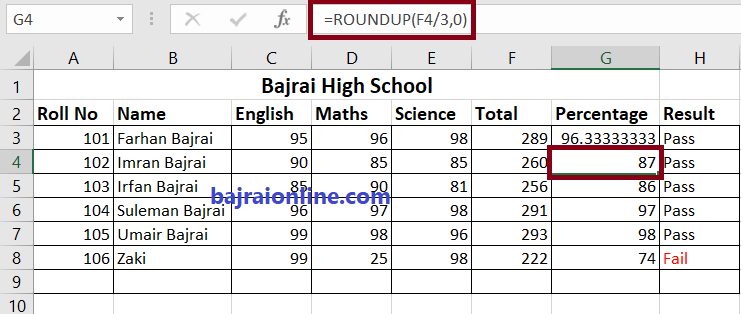 rounding up percentage in excel
